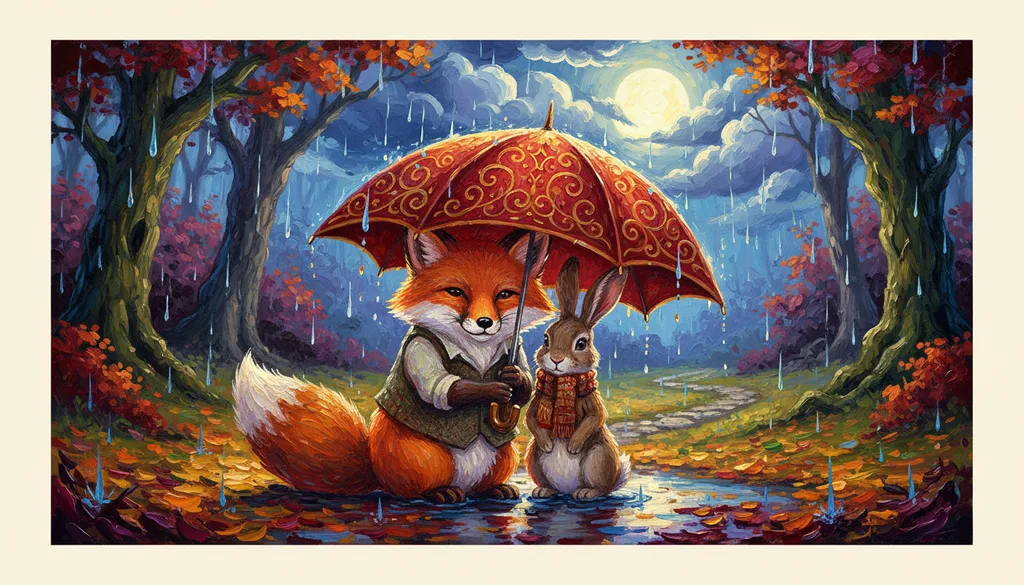 a fox and a hare sharing an umbrella in the rain