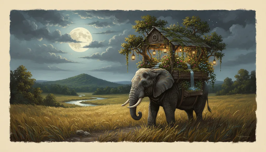 an elephant carrying a garden on its back