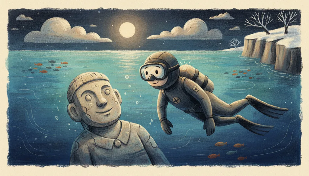 a diver drifting past a sunken statue in clear water