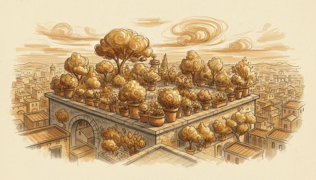 a rooftop garden above a dense old city at golden hour