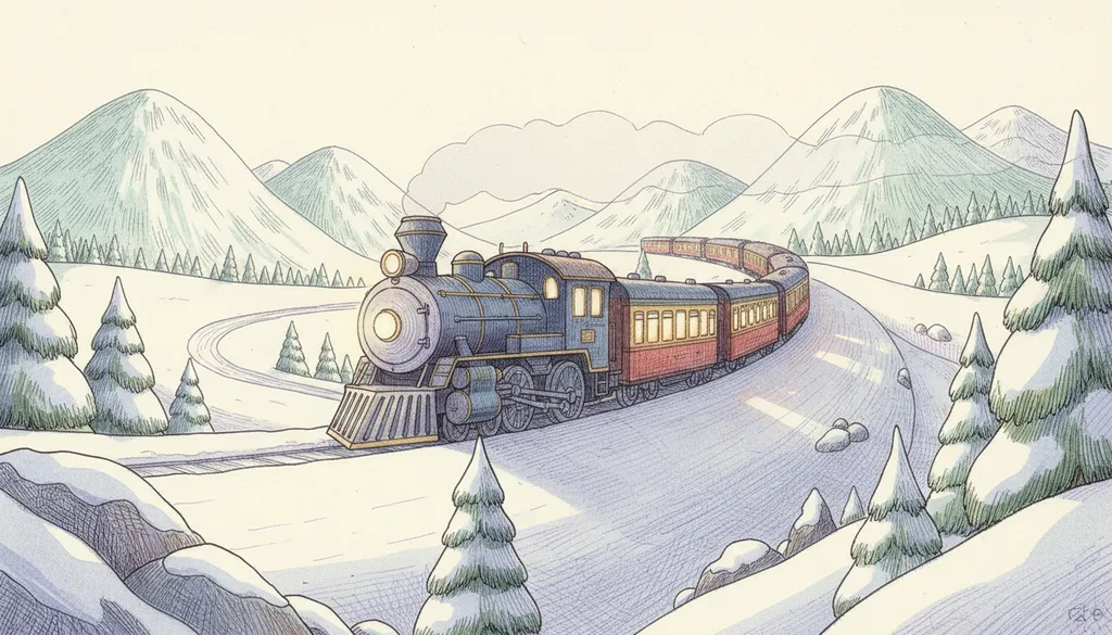 a night train crossing a snowy mountain pass