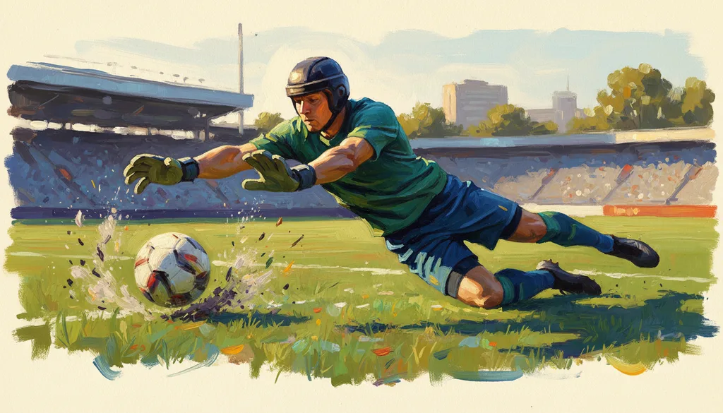 a soccer goalkeeper diving for a save, grass flying