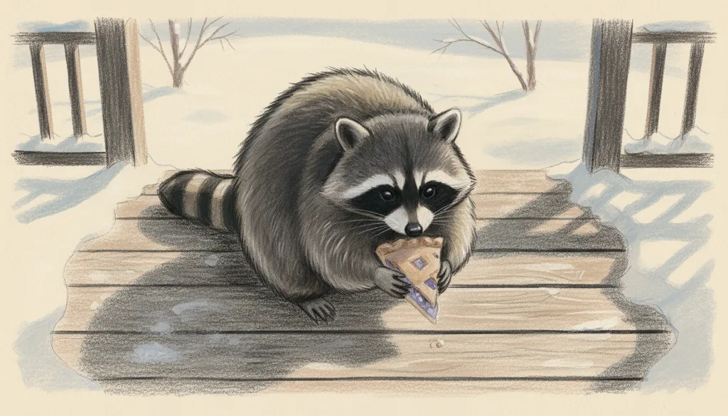 a raccoon stealing a slice of pie off a porch
