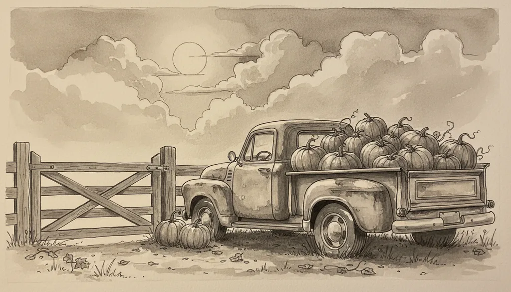 a rusty pickup truck full of pumpkins by a farm gate