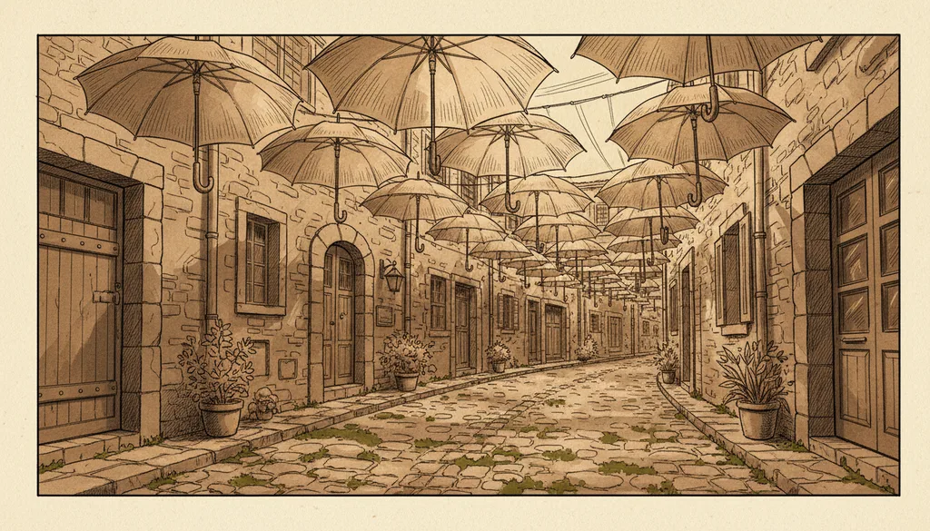 a cobbled alley of umbrellas strung overhead