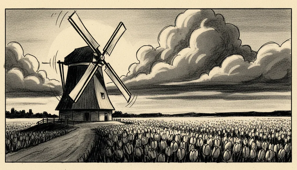 a windmill on a dike with tulip fields to the horizon