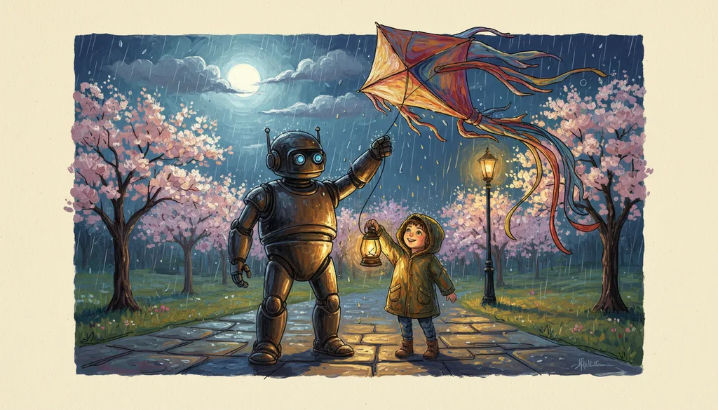 a robot and a child flying a kite together
