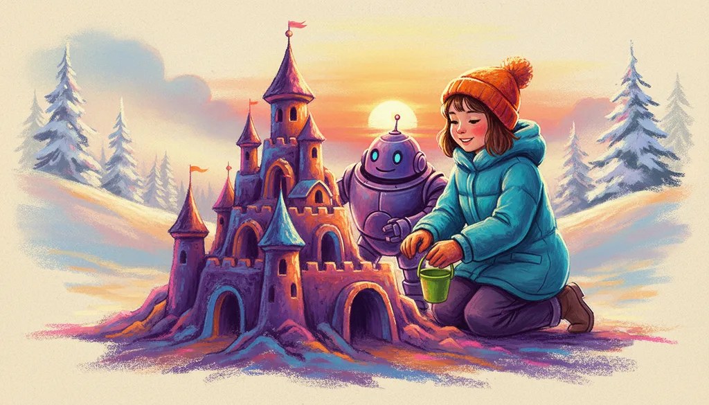a girl and a robot building a sandcastle