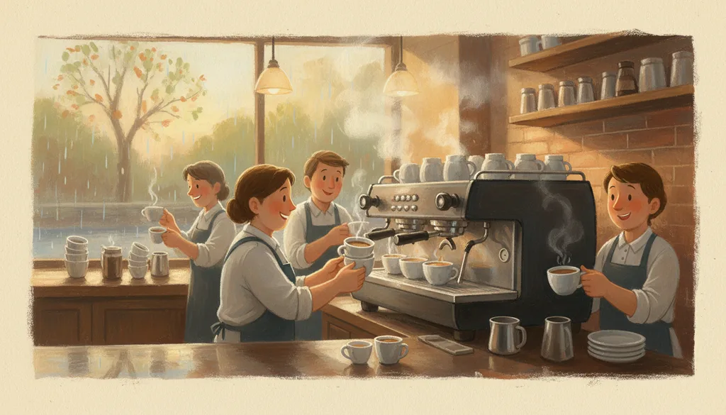 a busy espresso bar, steam and clinking cups