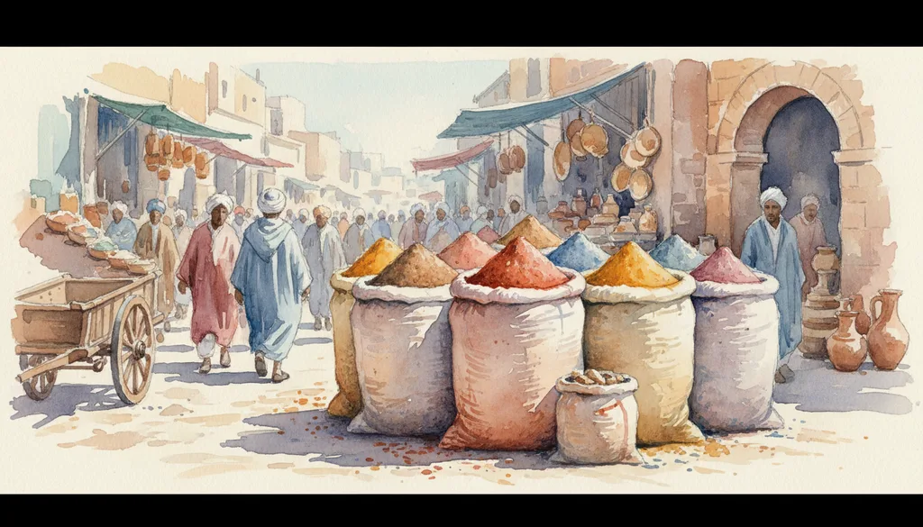 a crowded Moroccan spice market, sacks of color