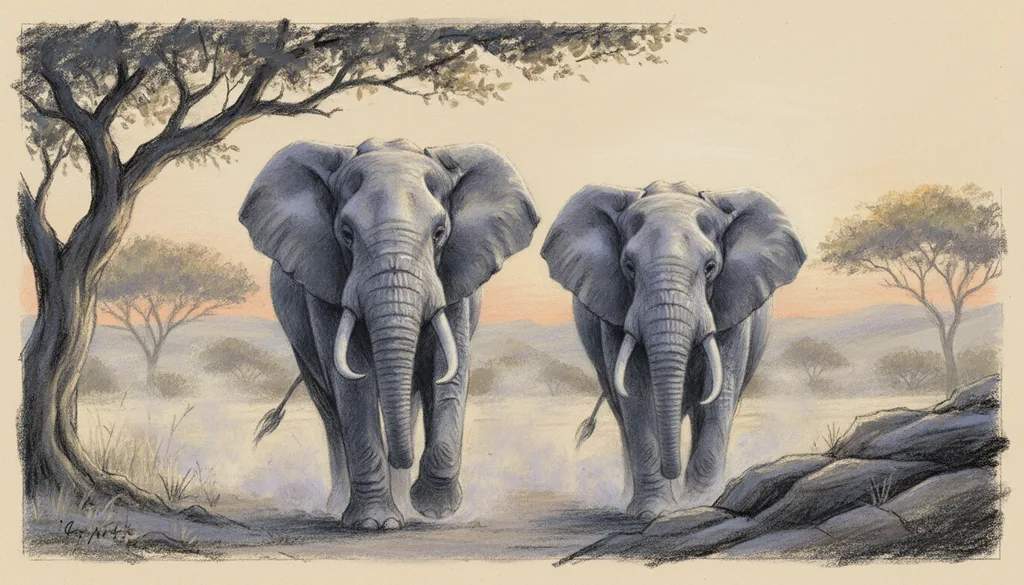 two elephants walking at sunrise, dust in the air