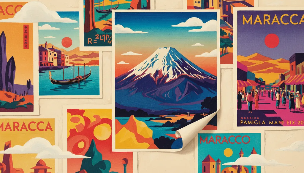 a wall of vintage travel posters, peeling at the corners
