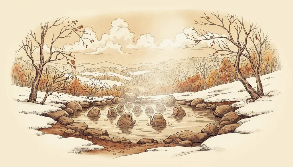 a hot spring in the snow with monkeys soaking