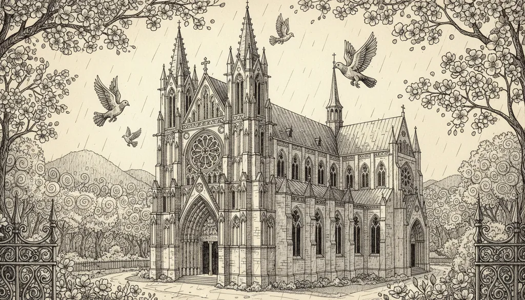 a Gothic cathedral facade in morning fog, pigeons rising