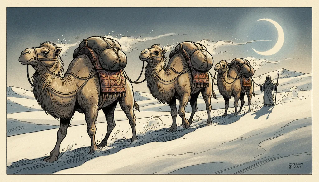 a caravan of camels crossing dunes at blue hour
