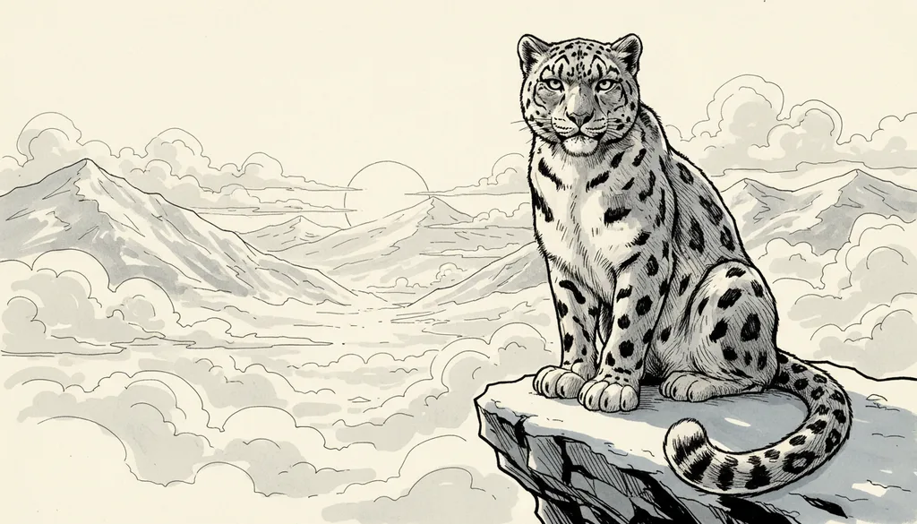 a snow leopard on a rocky ledge above a misty valley