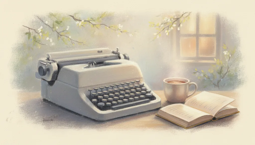 an old typewriter, a cup of coffee, and a half-finished novel