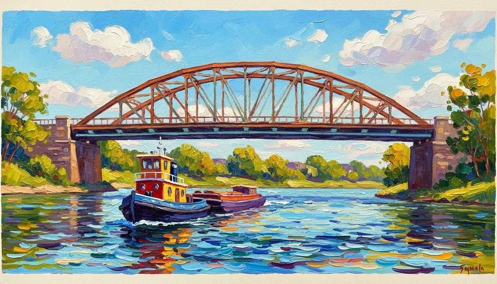 a small tugboat pushing a barge under a great iron bridge