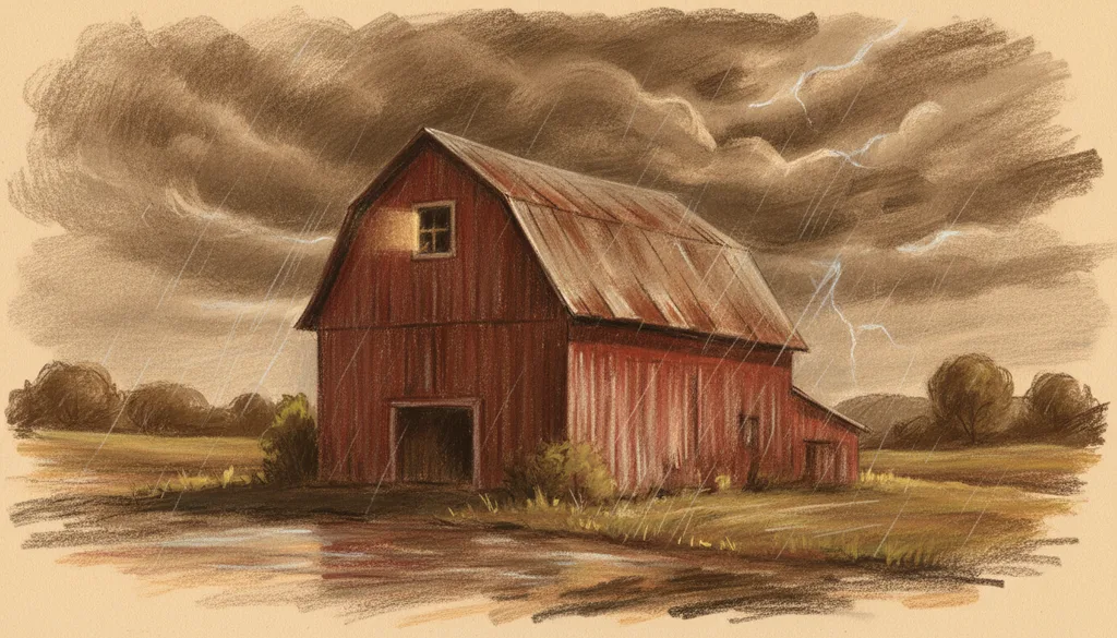 a red barn in a thunderstorm, one window lit