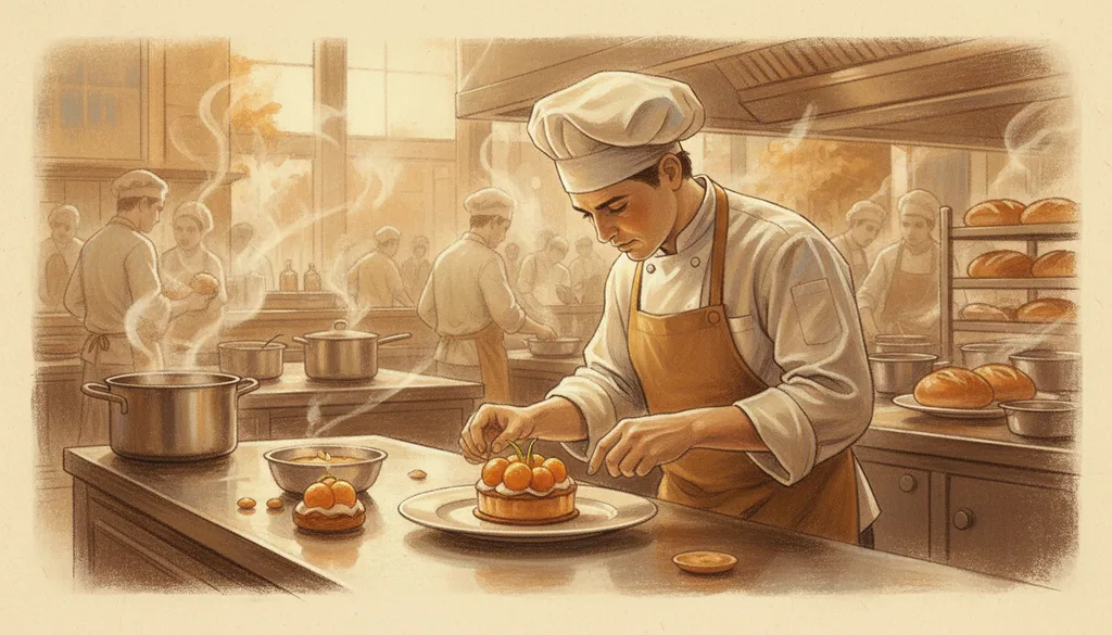 a chef plating dessert in a bustling open kitchen