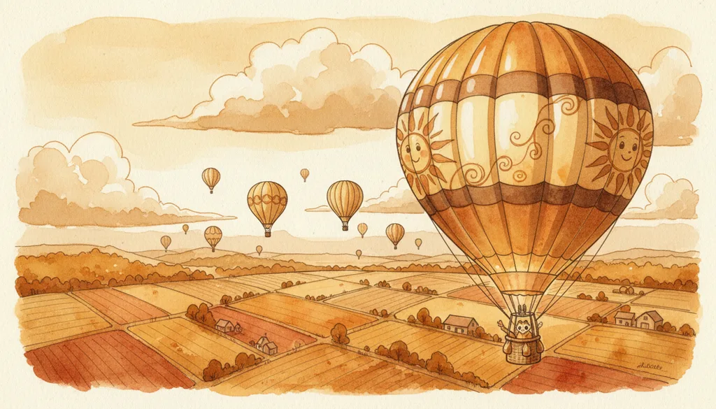 a hot air balloon festival over patchwork farmland