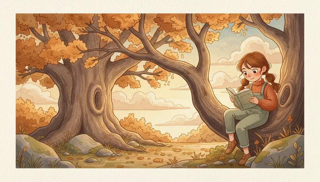 a girl reading in the crook of a giant oak