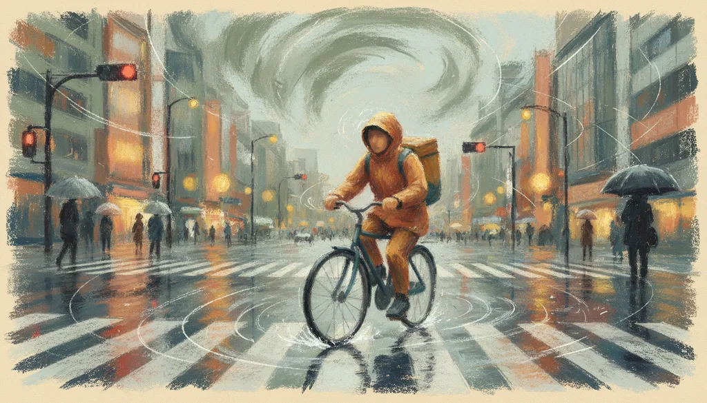 a bicycle courier weaving through a rainy Tokyo crossing