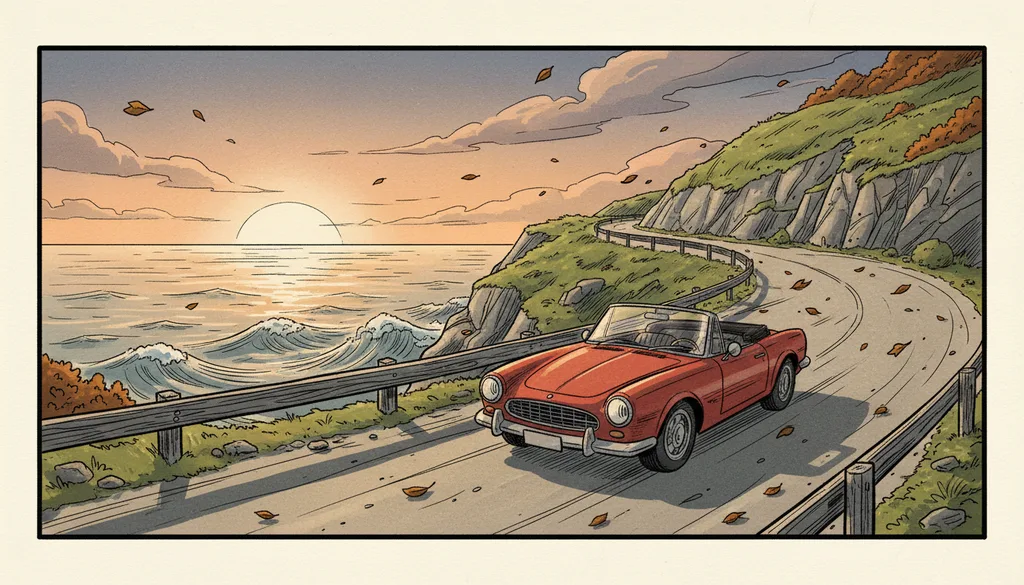 a cherry-red 1960s convertible on a coastal road