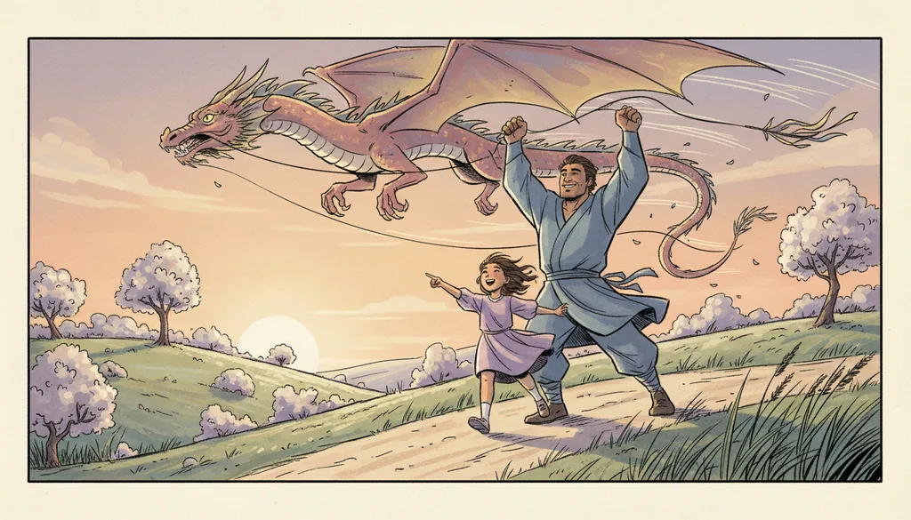 a father and daughter flying a dragon kite on a windy hill