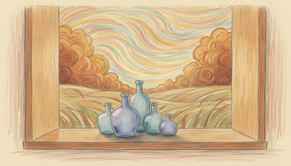 a still life of blue glass bottles on a windowsill