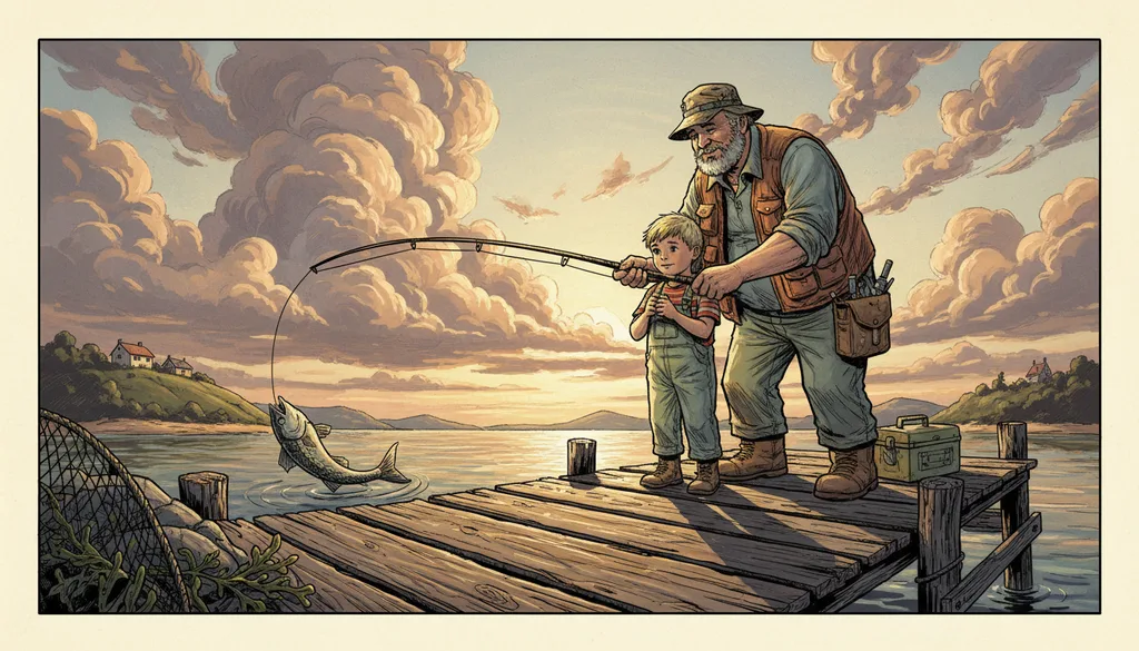 a grandfather and grandson fishing off a wooden pier at dawn