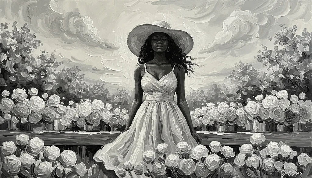 a Black woman in a wide-brim sun hat at a flower stall