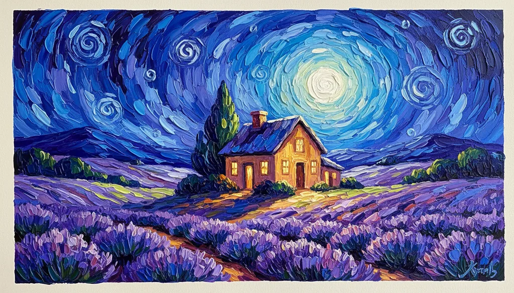 rolling lavender fields with a lone farmhouse under a big sky, peaceful