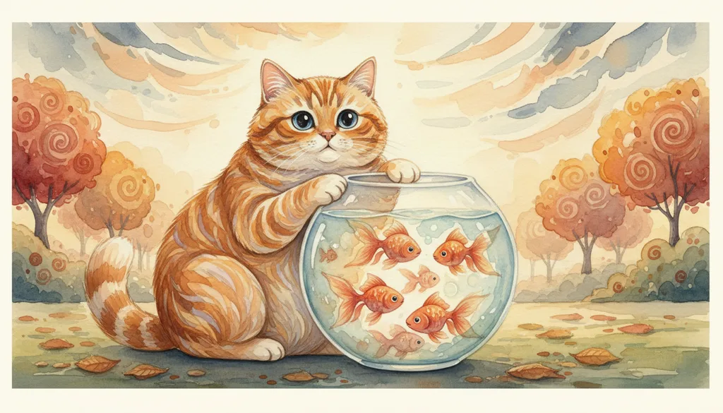 a tabby cat watching goldfish in a bowl