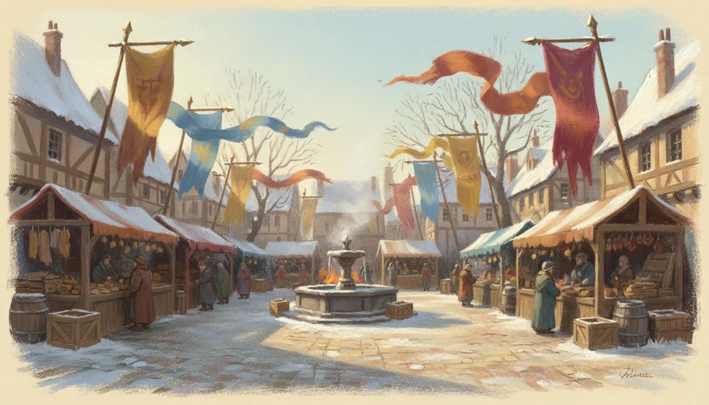 a medieval market square with banners in the wind