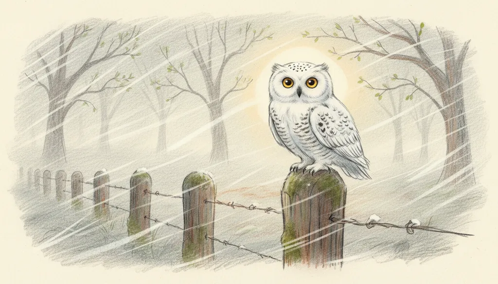 a snowy owl perched on a fence post in a blizzard
