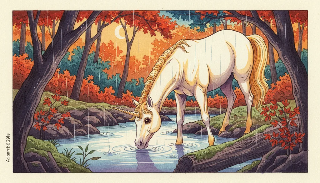 a unicorn drinking from a moonlit forest stream