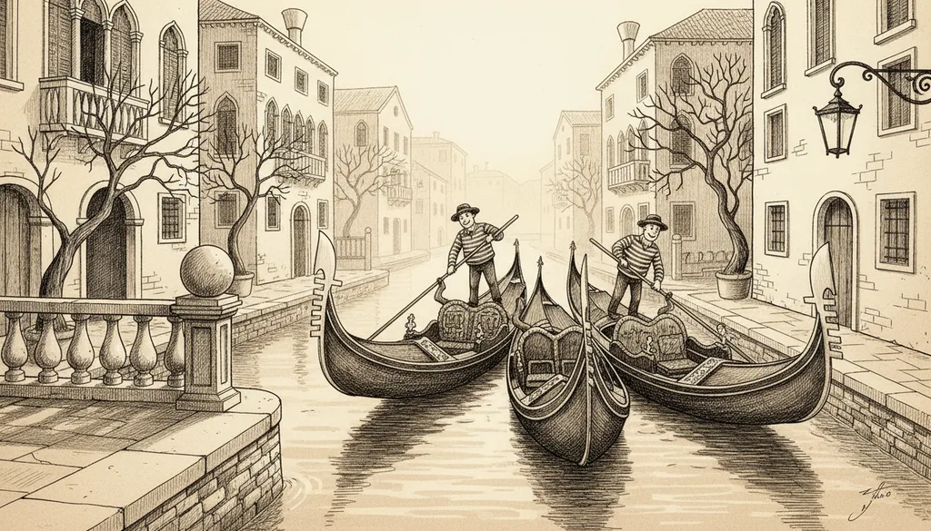 gondolas on a quiet venice canal in soft morning light, calm and serene