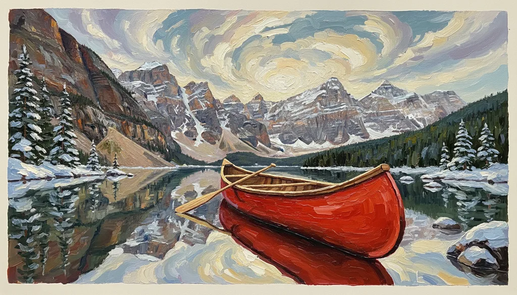 an alpine lake with a red canoe and mirrored peaks