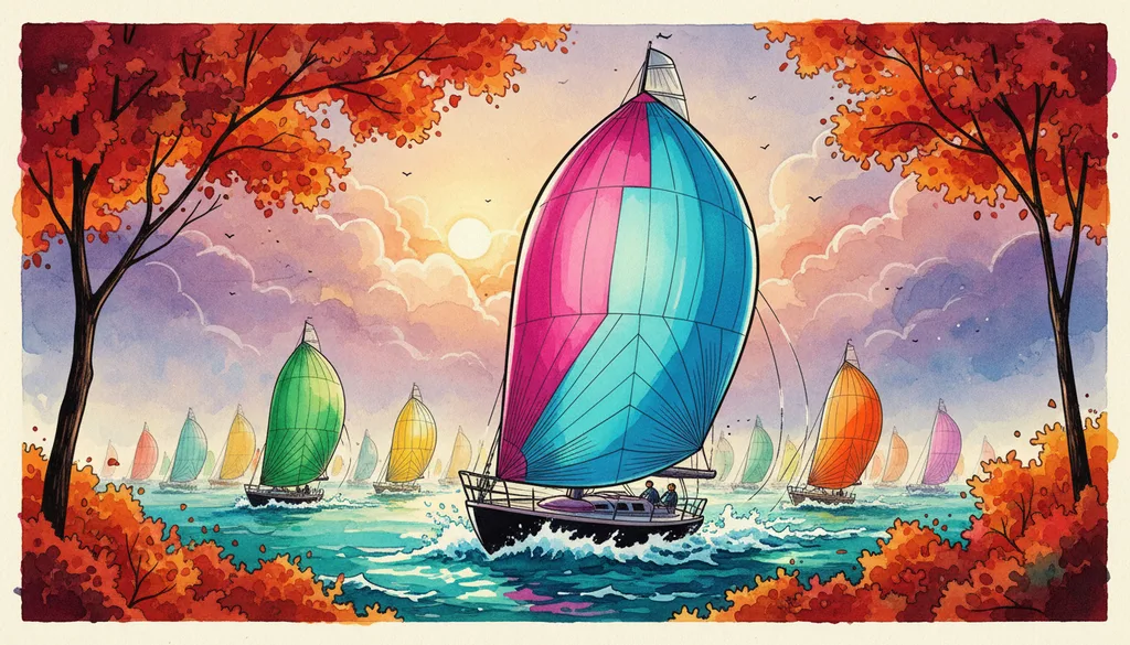 a sailboat regatta with bright spinnakers