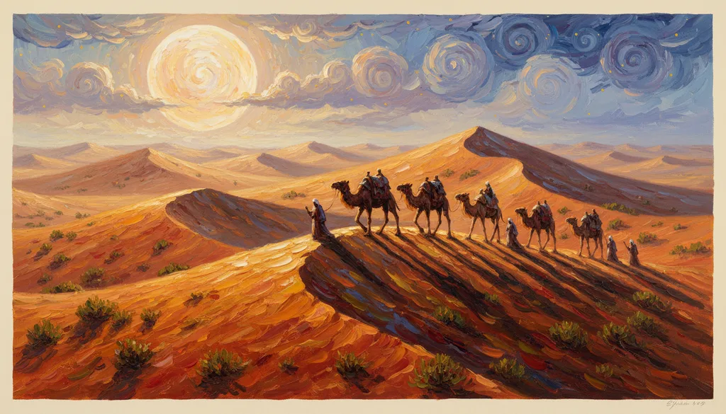 a camel caravan crossing tall dunes under a huge low moon, mysterious and moody