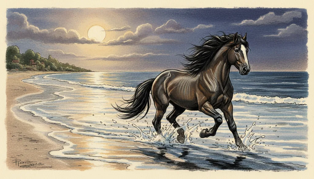 a horse galloping through shallow surf