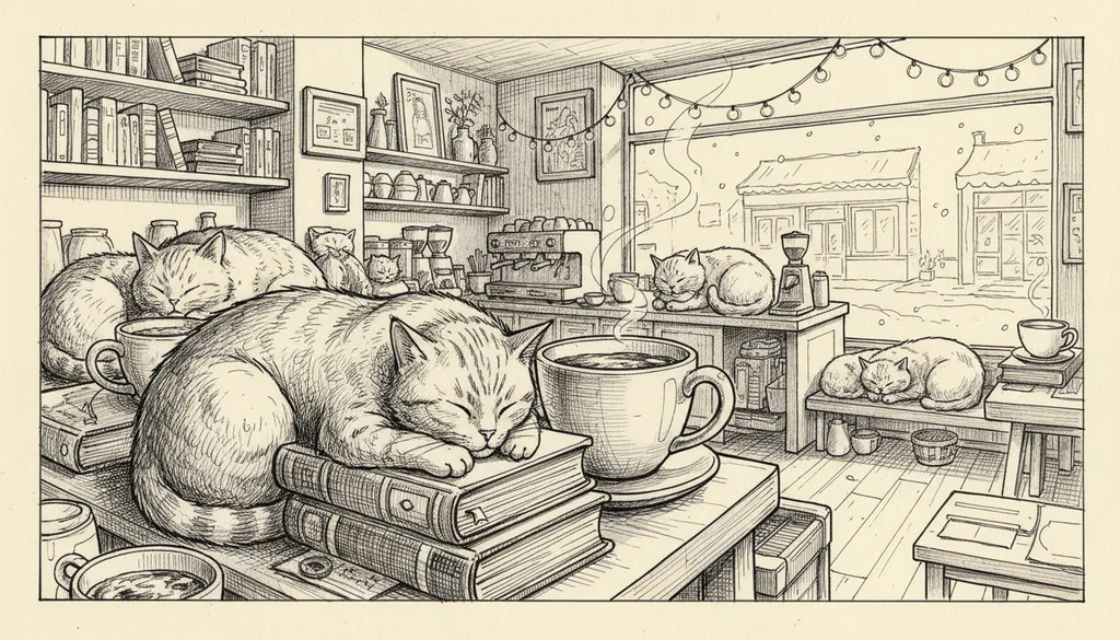 a tiny cafe full of sleeping cats among coffee cups and books, cozy and warm