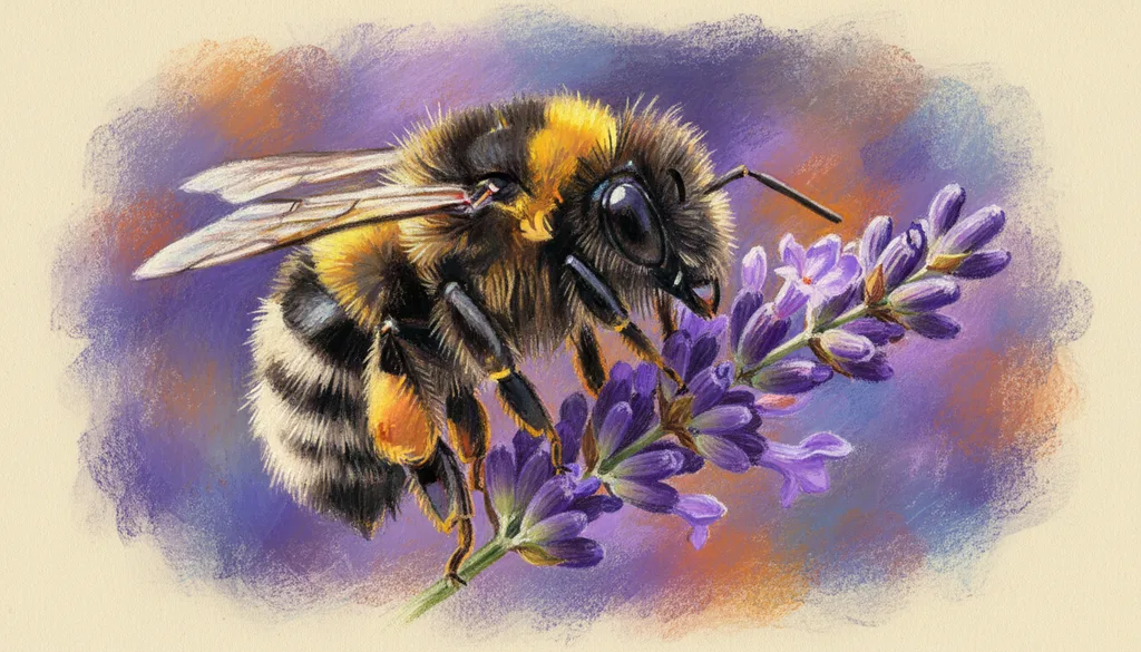 a busy bee on a lavender sprig, macro view