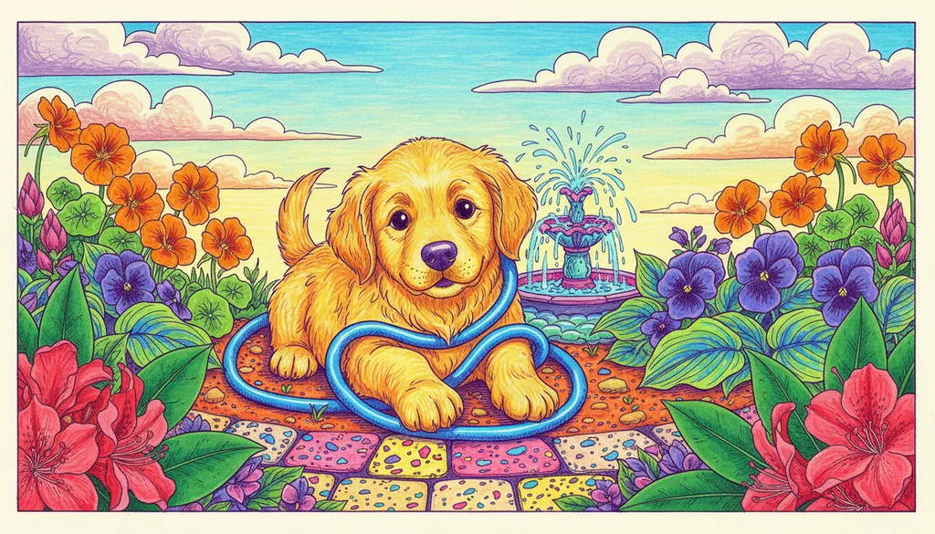 a golden retriever puppy tangled in a garden hose
