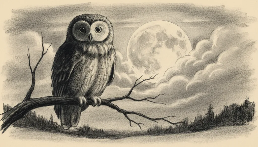 an owl on a bare branch silhouetted against a huge full moon, quiet and mysterious