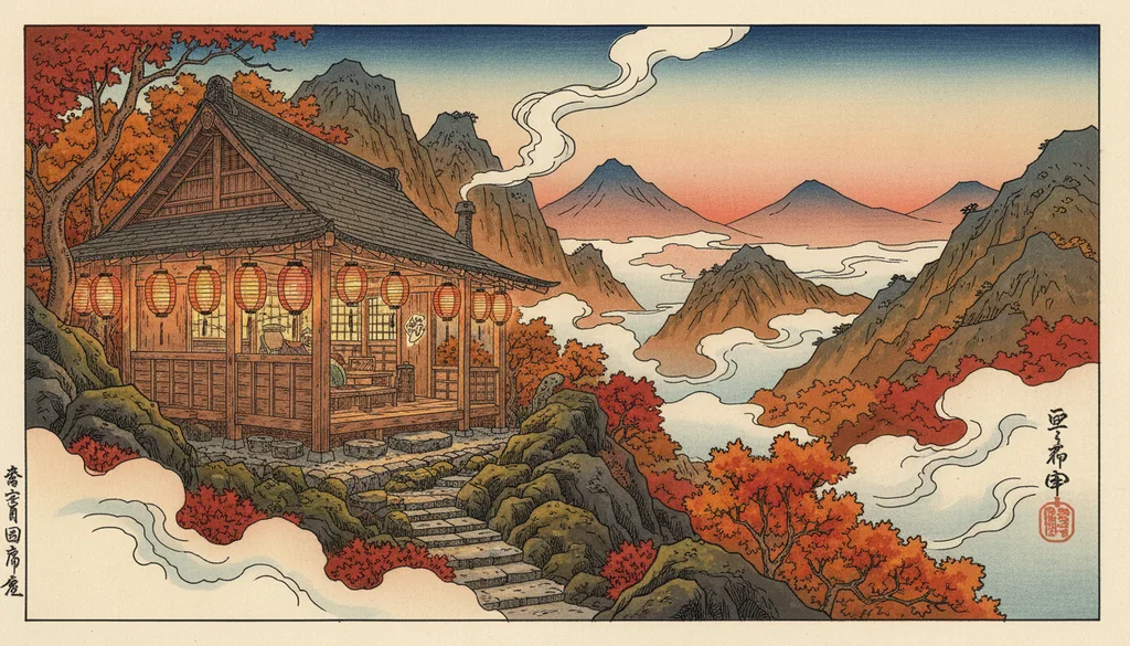 a tea house perched on a misty mountainside with glowing lanterns, warm and inviting