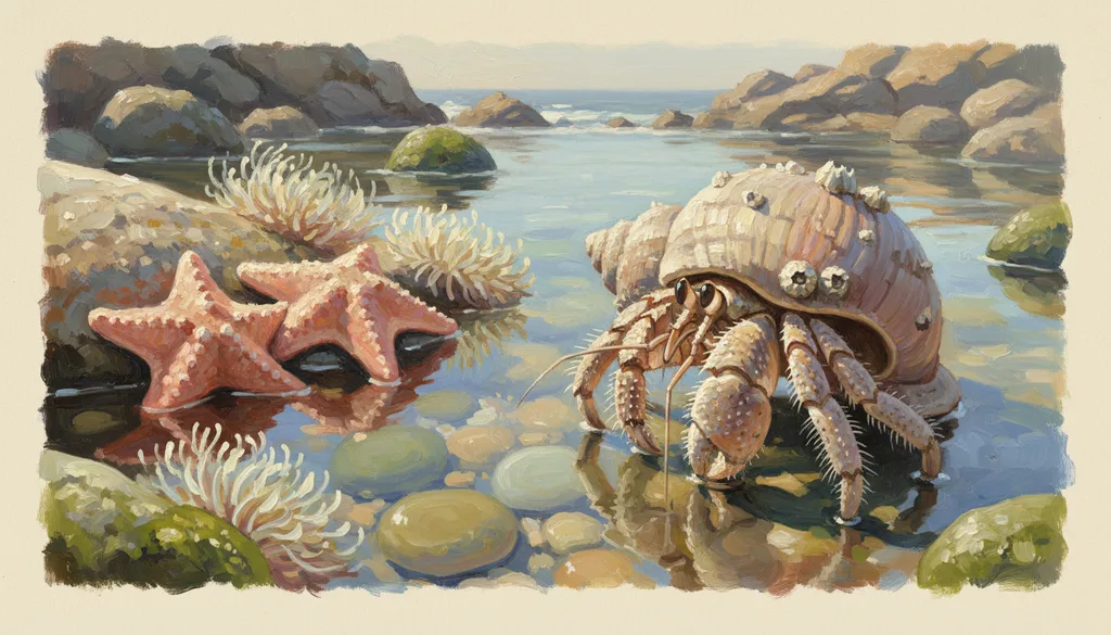 a tide pool with starfish, anemones, and a hermit crab