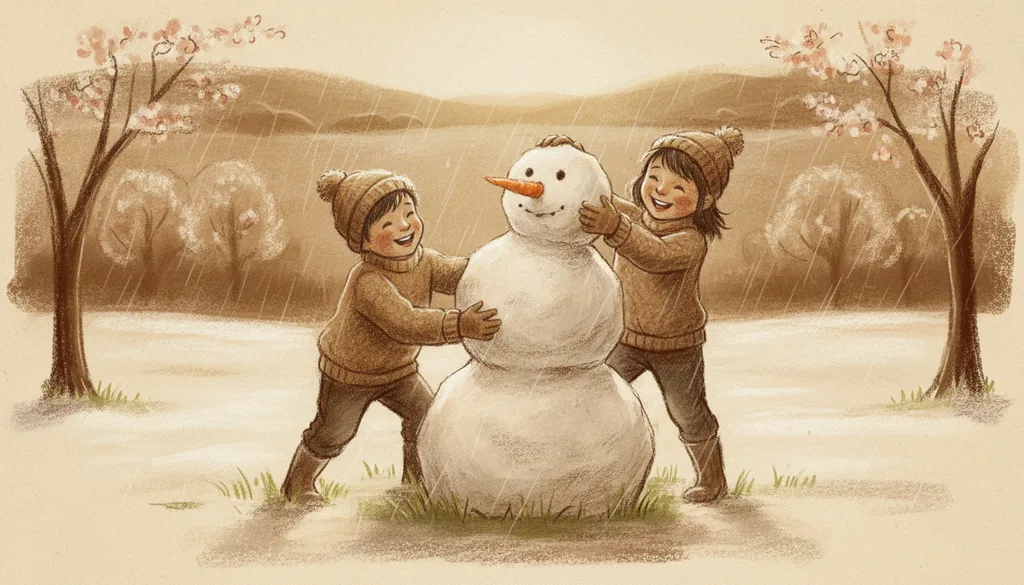 two kids building a lopsided snowman with a carrot nose