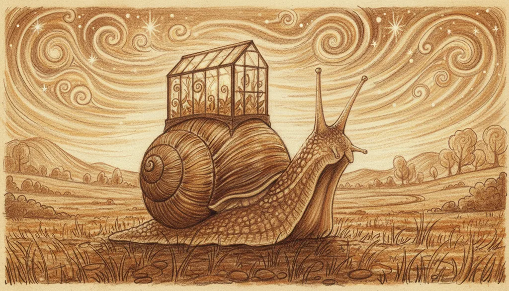 a snail carrying a lit greenhouse on its shell